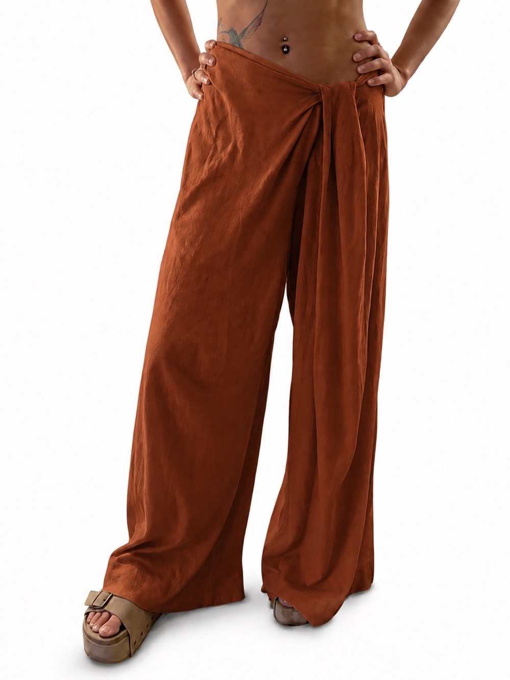Free People Wide-Leg Pants in Warm Chestnut XS Sarong Pants Rust Camel - Picture 4 of 5